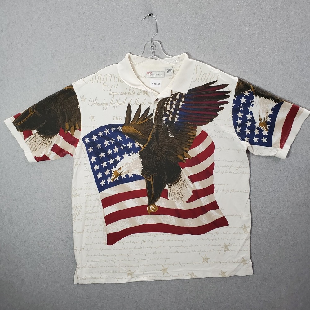 VINTAGE American‎ Summer Men Polo Shirt XL Red White USA Flag Stars Striped